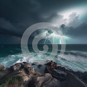 a storm is coming over the ocean with a lightening above the ocean and rocks in the foreground, and a large body of water in the