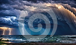 a storm is coming over the ocean with lightning