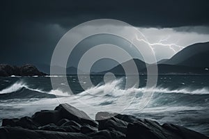 A storm is coming over the ocean with rocks in the foreground. AI generative image.