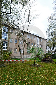 Storm damage with fallen birch and damaged house after hurricane Herwart in Berlin