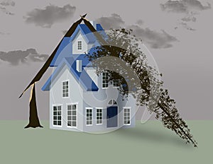 Storm damage from a tree that has fallen on a house