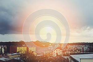 Storm dark clouds over city