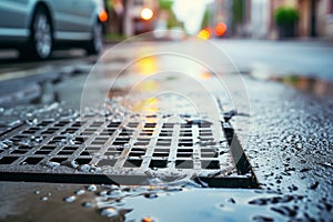 Storm drain on a city street during the rain. Storm sewer during a downpour. Generative AI