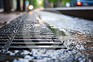 Storm drain on a city street during the rain. Storm sewer during a downpour. Generative AI