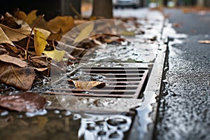 Storm drain on a city street during the rain. Storm sewer during a downpour. Generative AI