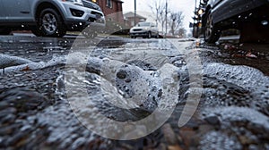 The storm drains overflow with melting hail creating mini rivers in the streets photo