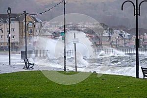 Storm Eric Hits the Seafront of Largs in the West Coast of Scotland High Winds and Waves break onto the Foreshore photo