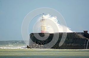 Storm Hannah batters Newhaven lighthouse. Sussex. UK