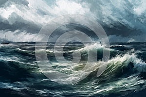 Storm, huge waves, seascape painted with watercolors on textured paper. Digital Watercolor Painting