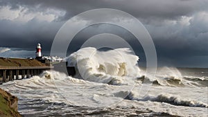 Storm Imogen creating massive waves battering the UK United Kingdom coastline at Tywyn, Wales. photo