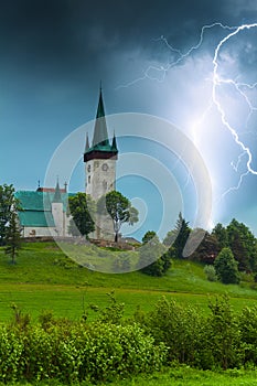 Storm with lightning in old village church