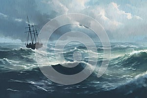 Storm, lonely sailing ship on huge waves, seascape painted with watercolors on textured paper. Digital Watercolor Painting