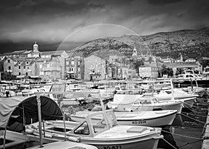 Before the storm in the marina of Korcula island in Croatia, in black and white tones