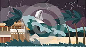 Storm natural disaster, water cataclysm, high wave, destroyed beach, flat vector illustration. Dangerous sea, ocean