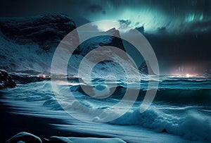 Storm on the ocean, northern light. Beautiful landscape of Islandia, Norway, Generative AI photo
