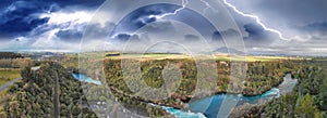 Storm over Huka Falls countryside in New Zealand, aerial view