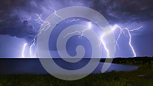 Storm over the lake. Lightning over the water at night Thunderstorm light the dark cloudy sky - created by generative AI