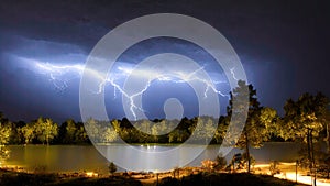 Storm over the lake. Lightning over the water at night Thunderstorm light the dark cloudy sky - created by generative AI