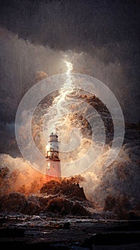 Storm over lighthouse, thunderbolt, sea waves