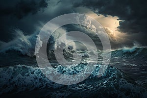 Storm over the ocean with big waves in a dark style, raging ocean, generated ai