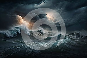 Storm over the ocean with big waves in a dark style, raging sea, destructive force of nature, generated ai