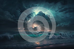 Storm over the ocean with big waves in a dark style, raging sea, destructive force of nature, lightning and thunder, generated ai