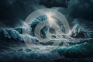 Storm over the ocean with big waves in a dark style, raging sea, lightning and thunder, generated ai