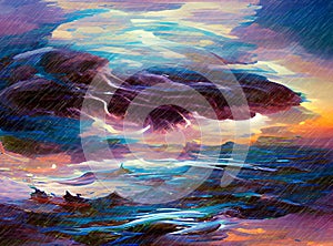 The storm over the ocean-imaginative color scene painting