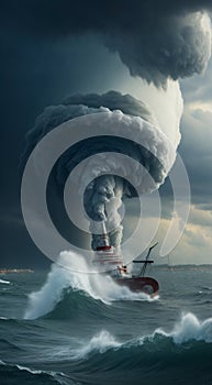 storm over the ocean, power wind over the sea, tornado scenne on the sea