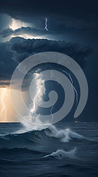 storm over the ocean, power wind over the sea, tornado scenne on the sea