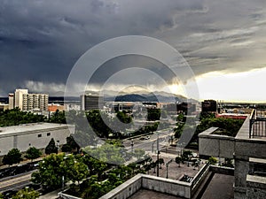 Storm over the Oquirrh Mountains and Salt Lake in Utah from Downtown Salt Lake City at Sunset