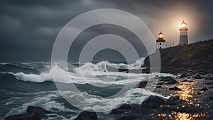 storm over the sea A lighthouse in a stormy landscape,
