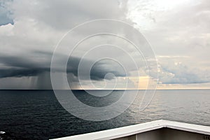 Before the storm. A painted view of storm and rain clouds and the sky above the sea horizon.