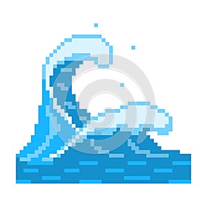 Storm pixel wave. Oceanic tsunami with huge blue ridges and white foam