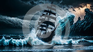 Storm rages and the waves crash around it, the pirate ship stands tall, a symbol of adventure on the treacherous seas