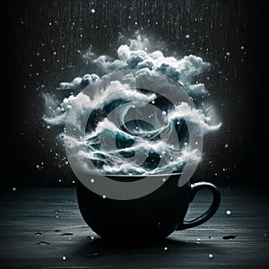 A storm and rough seas in a teacup and saucer at night