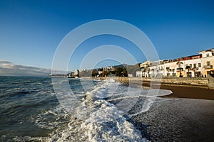 Storm at the sea and embankment street of Yalta city in Crimea in the morning on 24.10.2016. Big waves and tides wash