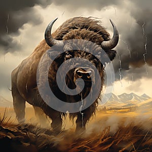 Storm Seeker - A buffalo standing strong amidst a tumultuous thunderstorm