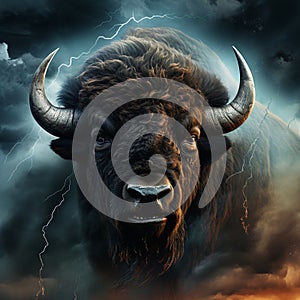 Storm Seeker - A buffalo standing strong amidst a tumultuous thunderstorm