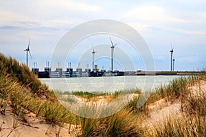 A storm surge barrier protects the land from the sea.