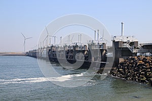 storm surge barriers named Oosterscheldekering to protect part of the Netherlands with a length n