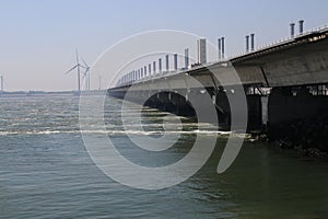 Storm surge barriers named Oosterscheldekering to protect part of the Netherlands with a length og 9 kilometers.