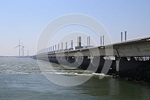 storm surge barriers named Oosterscheldekering to protect part of the Netherlands with a length og 9 kilometers. Deltawerken