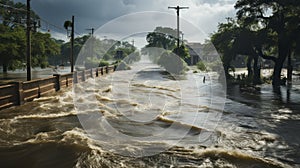 Storm surge covering flooded road during tropical storm. Generative AI