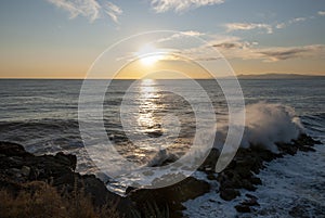 Storm surge at sunset in Genoa in Liguria