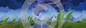 Storm with tornado flat cartoon concept landscape vector illustration background