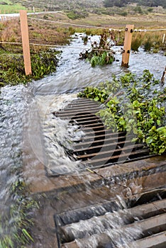 Storm water flows into drain near road