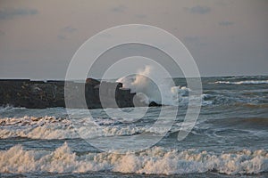 Storm waves on the Caspian Sea, with strong winds