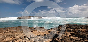 Storm waves crashing into Laie Point coastline at Kaawa on the North Shore of Oahu Hawaii United States