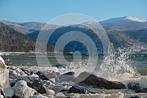 Storm waves of a mountain lake